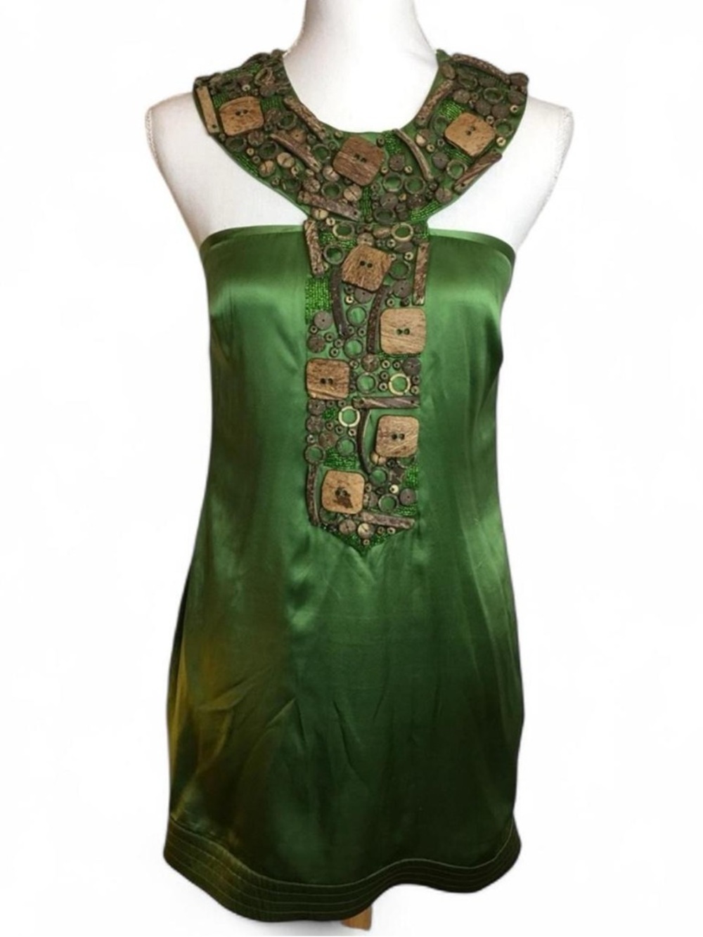 Y2K Vintage LaRok Green Silk Halter Mini Dress Wooden Bead Detailing